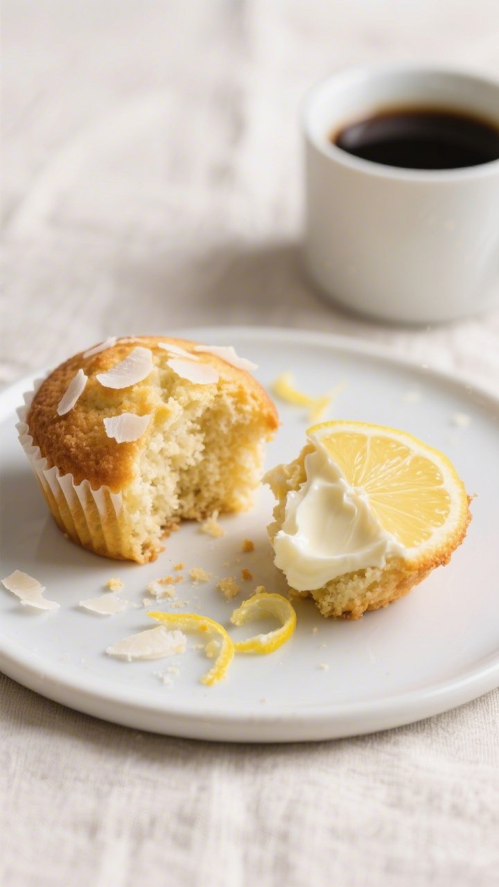 Close-up final presentation of two Keto Lemon Coconut Muffins on a small matte white plate, one whol