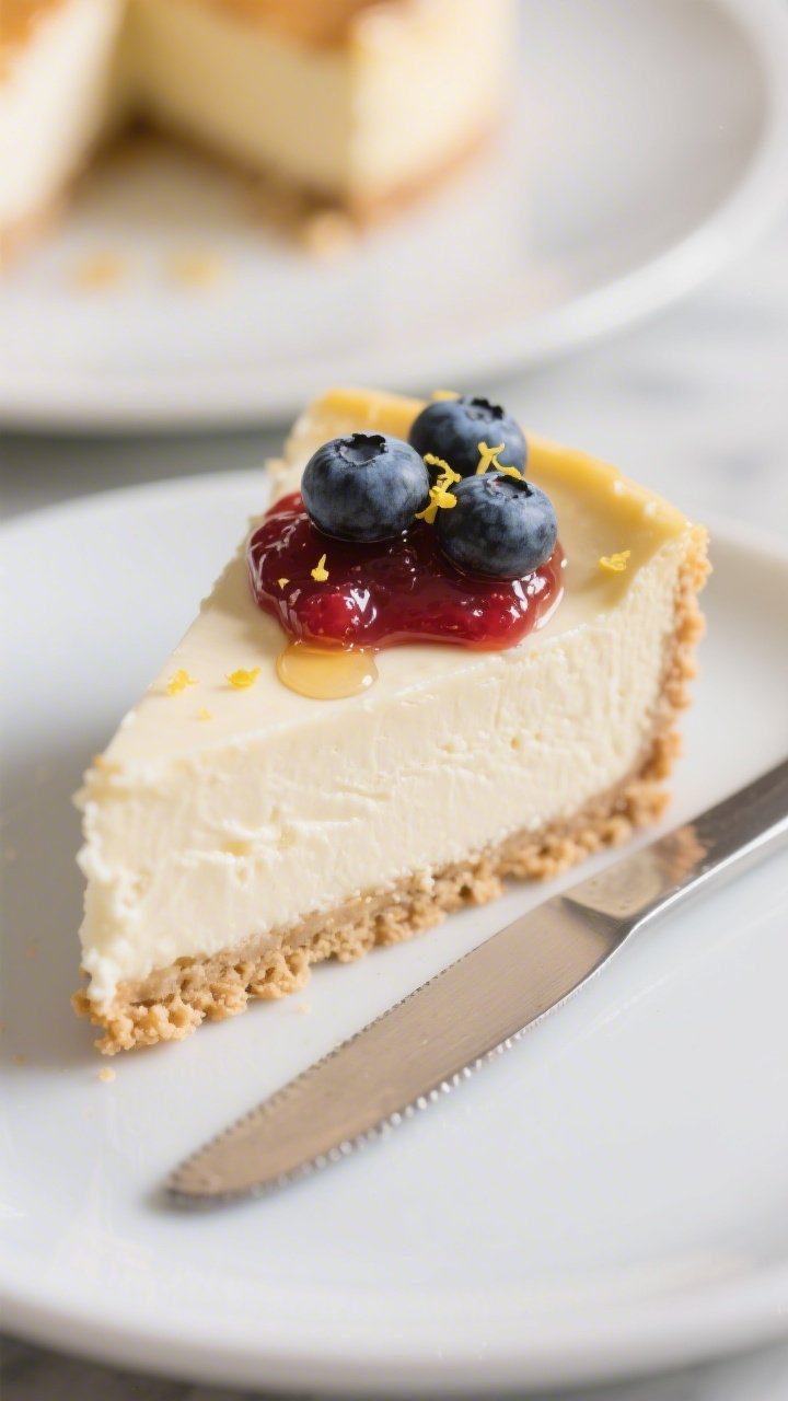 Close-up final slice of high-protein cheesecake on a matte white dessert plate, ultra-creamy interio