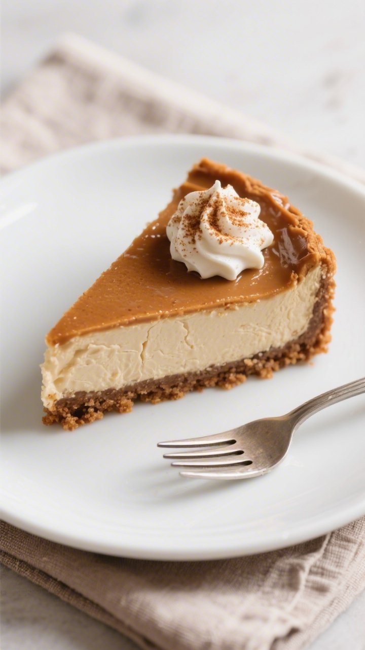 Close-up final slice of low-calorie gingerbread cheesecake on a matte white dessert plate, creamy, t