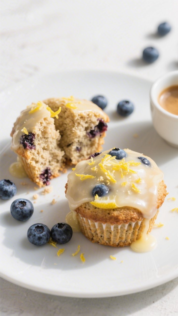 Close-up, hero plate of two keto blueberry lemon muffins halved to showcase moist, tender almond flo