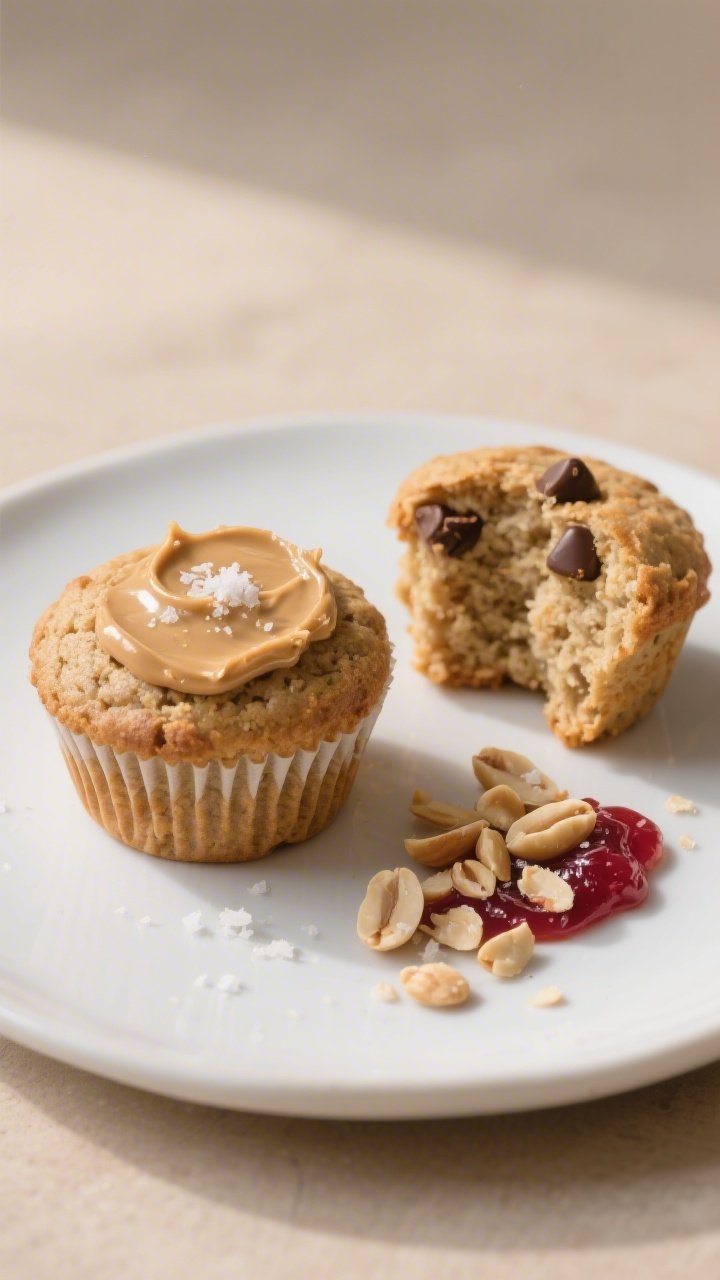 Close-up, hero plate presentation of two keto peanut butter muffins on a matte white plate: one whol