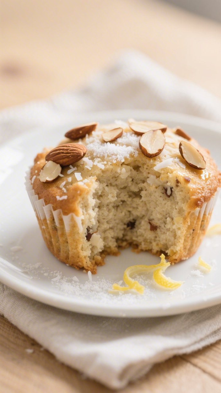 Close-up, of a plated Keto Coconut Almond Muffin split open on a white ceramic plate, showcasing the