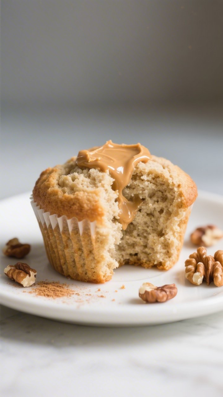 Close-up, of a single Keto Almond Butter Muffin split open on a small white plate, revealing a fluff