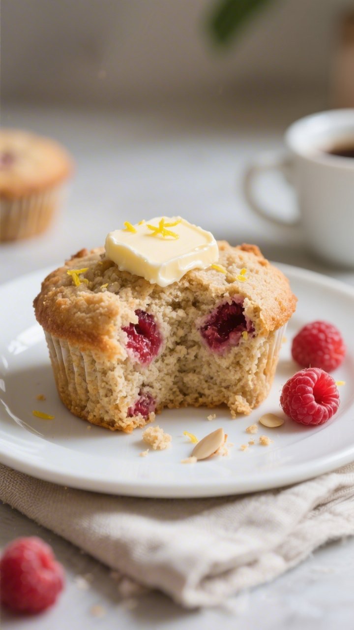 Close-up of a sliced keto raspberry muffin on a small white plate, showing tender almond-flour crumb