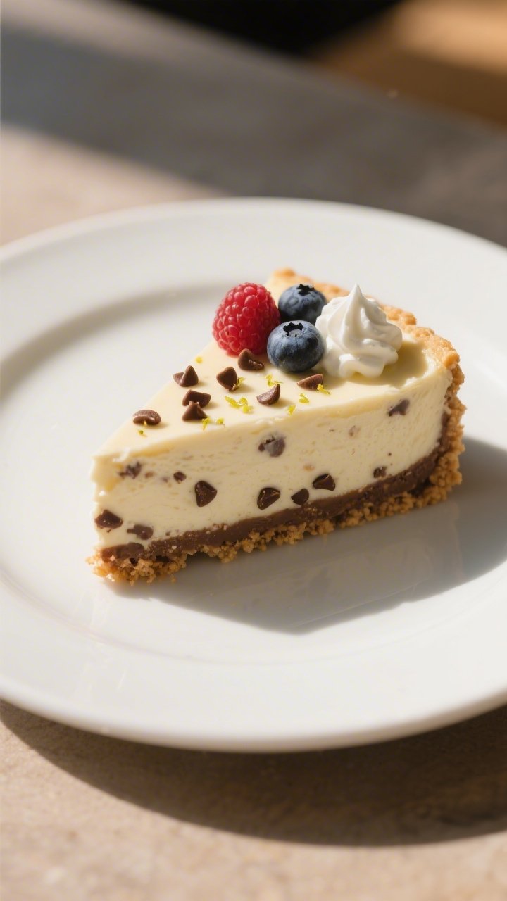 Close-up, plated final slice of low-calorie chocolate chip cheesecake on a matte white dessert plate