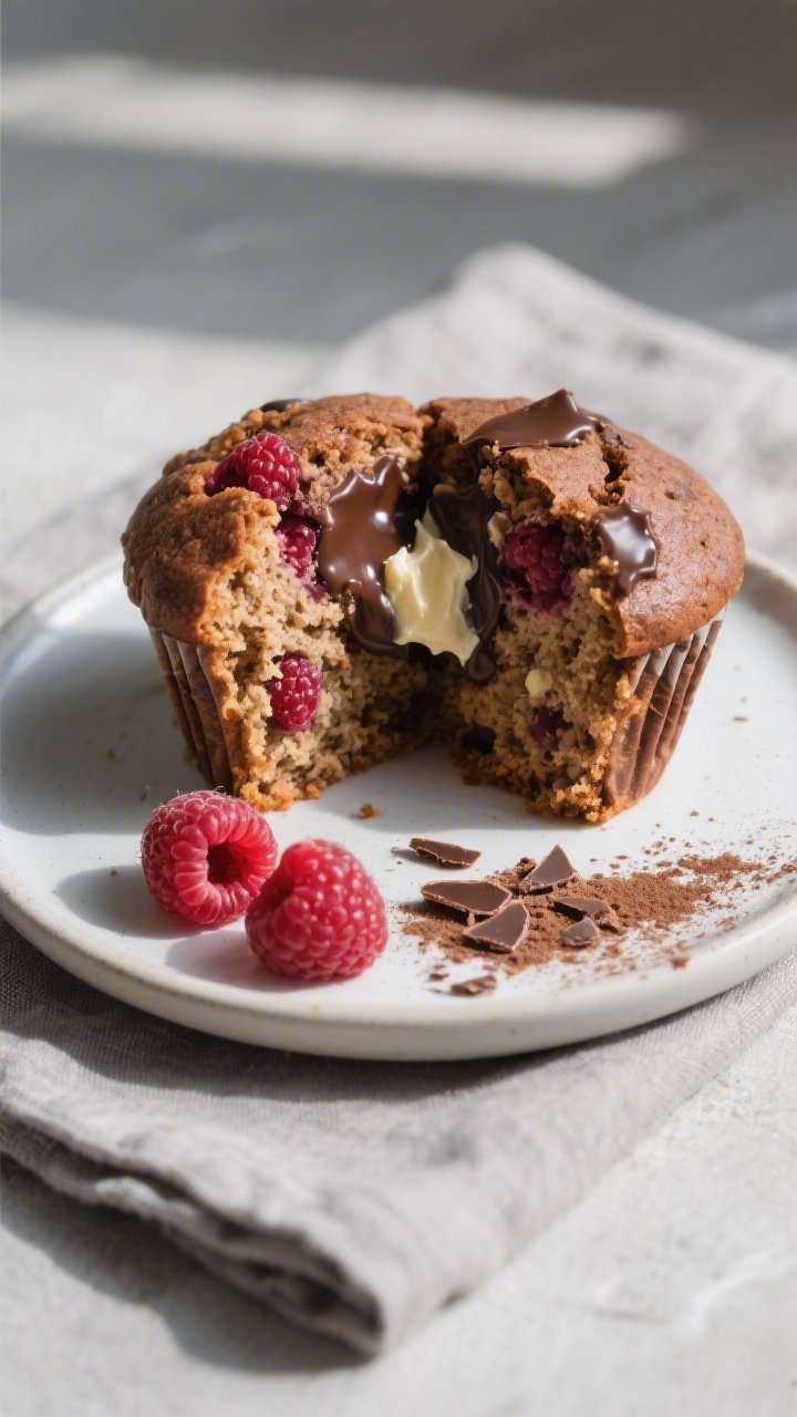 Close-up plated presentation of a halved Keto Chocolate Raspberry Muffin on a small matte white plat