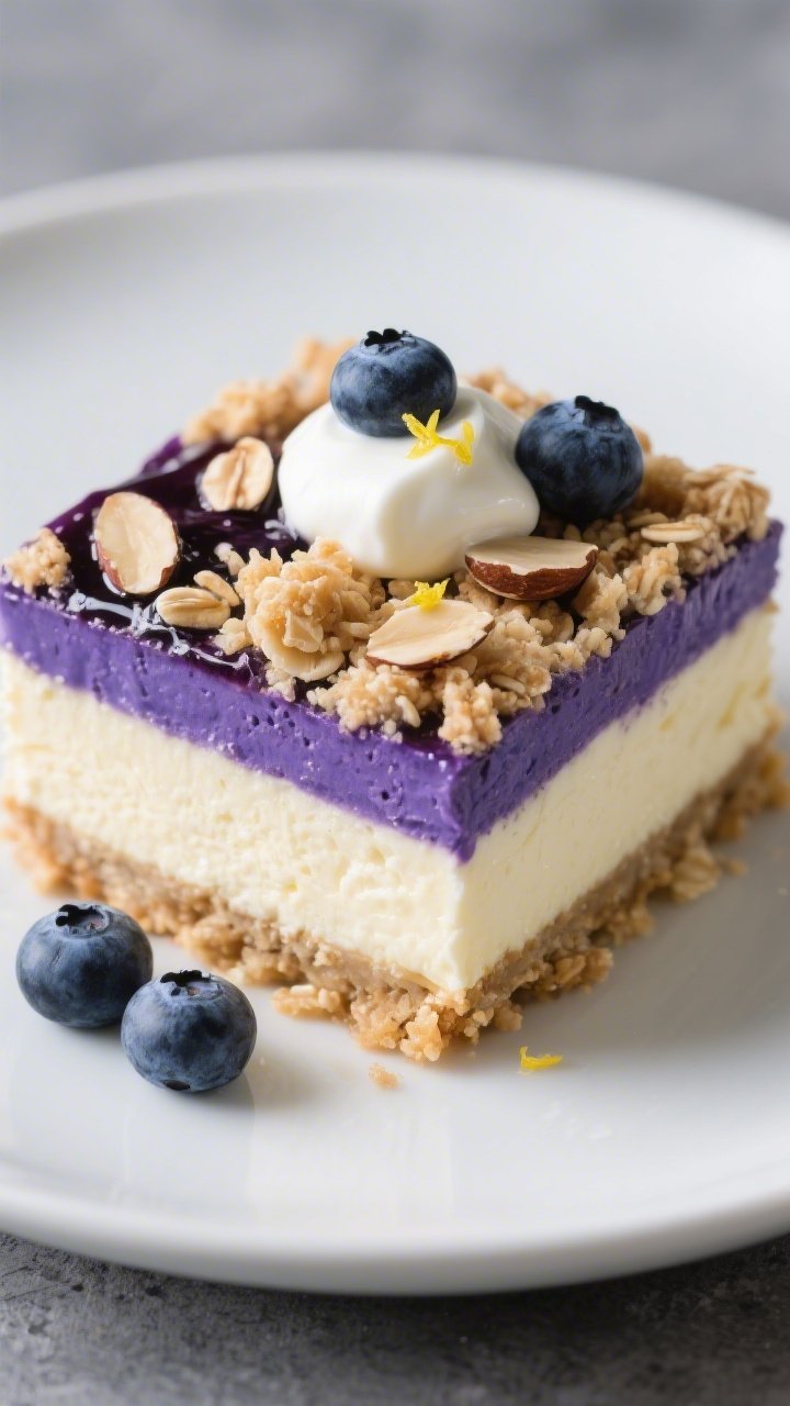 Close-up plated square of the cheesecake crumble showing distinct layers: creamy, lightly sweet chee