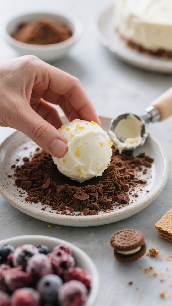 Close-up process detail: freshly chilled cheesecake mixture being hand-rolled into smooth balls and