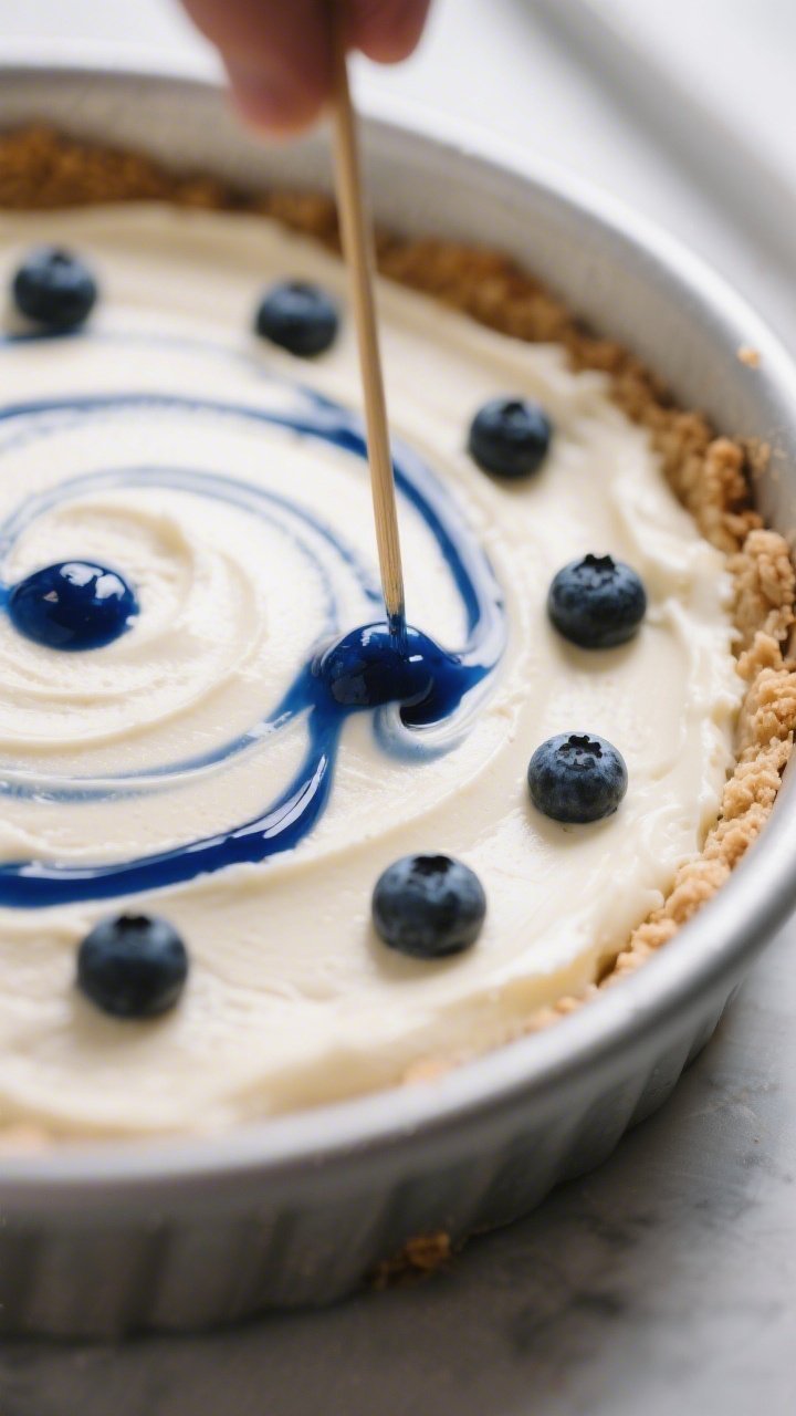 Close-up process detail of the blueberry swirl step: smooth cheesecake batter already poured over th