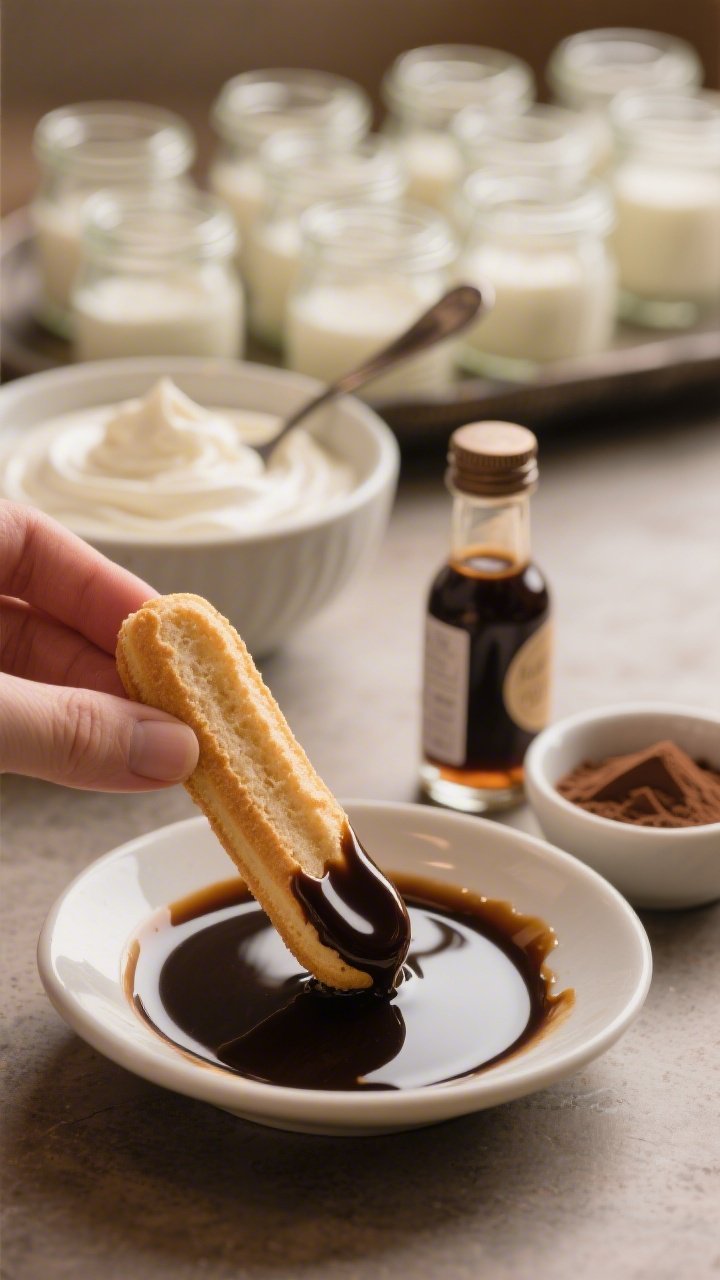 Close-up process detail of the “quick-dip” step: a single ladyfinger being lifted from a shallow
