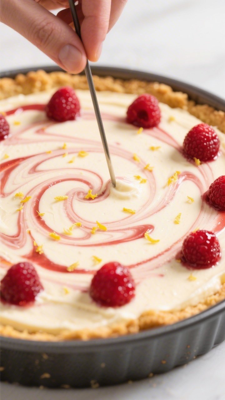Close-up process detail of the raspberry swirl being created: cheesecake filling already poured over