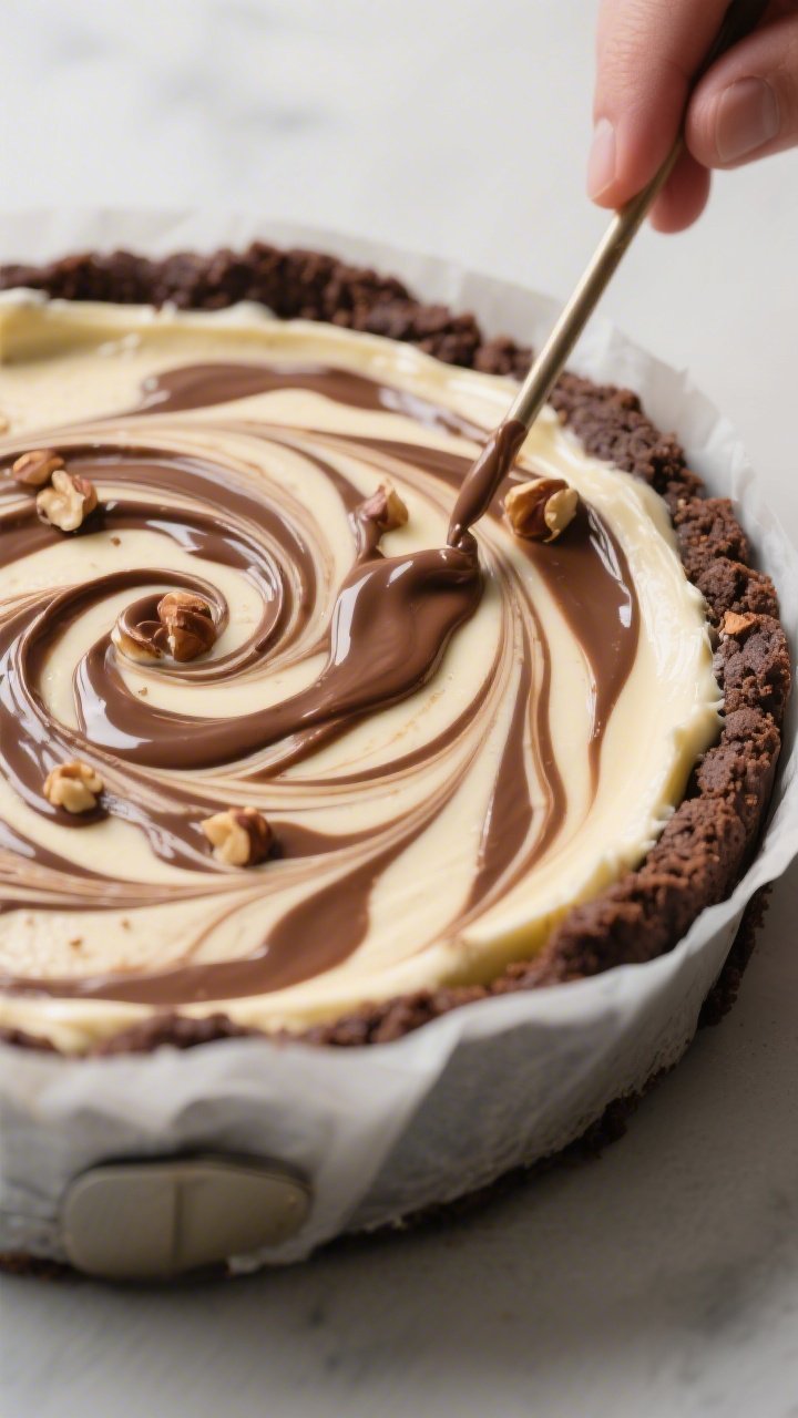 Close-up process detail of the swirl step: silky cheesecake filling already poured over the pre-bake