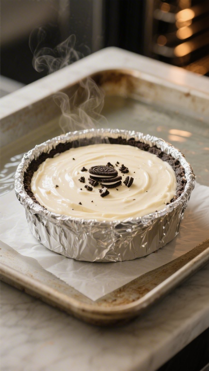 Close-up process detail of the water-bath bake setup: the foil-wrapped springform pan filled with th