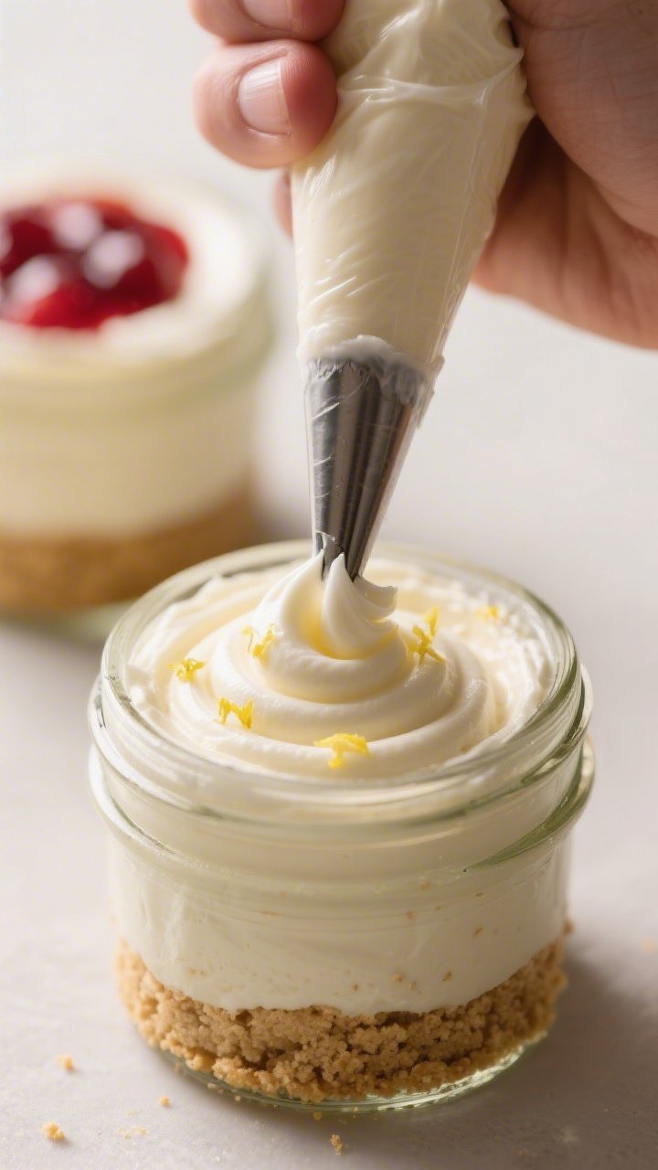 Close-up process detail: packing the crust layer into a small jar, showing the sandy graham cracker 