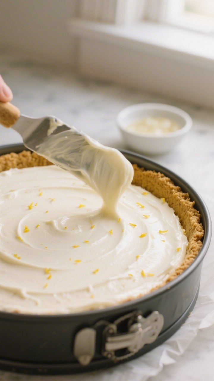 Close-up process shot: A silky, mousse-like no-bake cheesecake filling being smoothed into a chilled