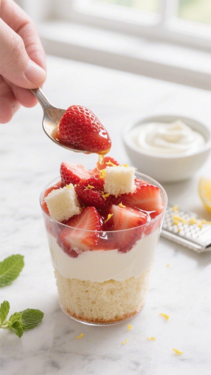 Close-up process shot: Macerated strawberry layer being spooned over a base of 1-inch cubed angel fo