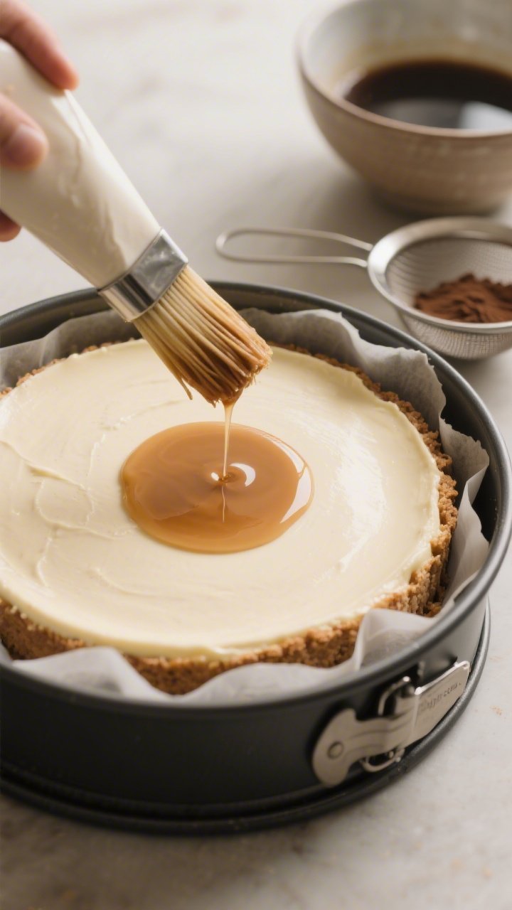 Close-up process shot of the baked cheesecake in a springform pan during cooling, surface smooth and