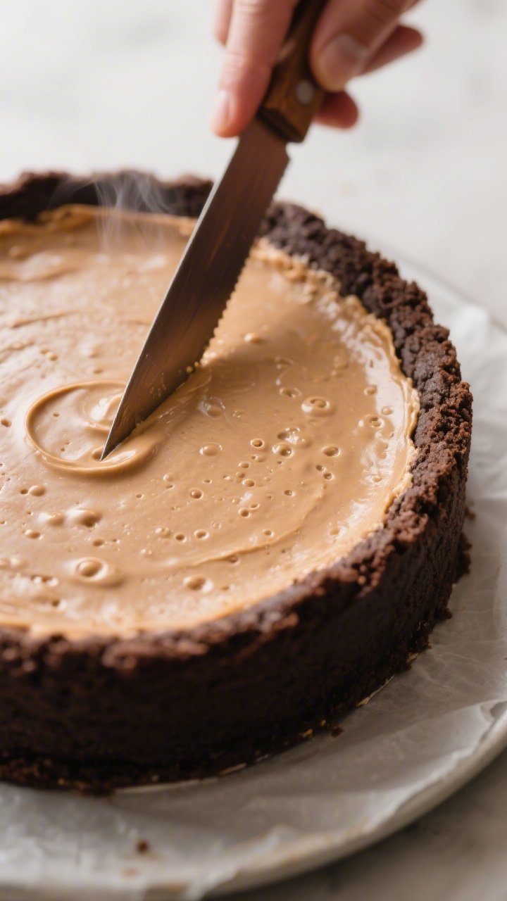 Close-up process shot of the baked cheesecake just after release from the pan, with a warm knife run