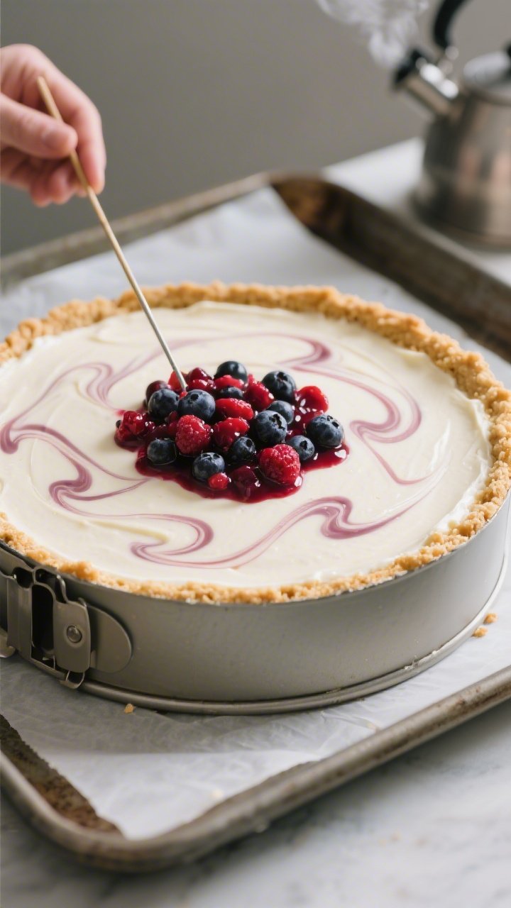 Close-up process shot of the cheesecake assembly: the creamy reduced-fat cream cheese and Greek yogu