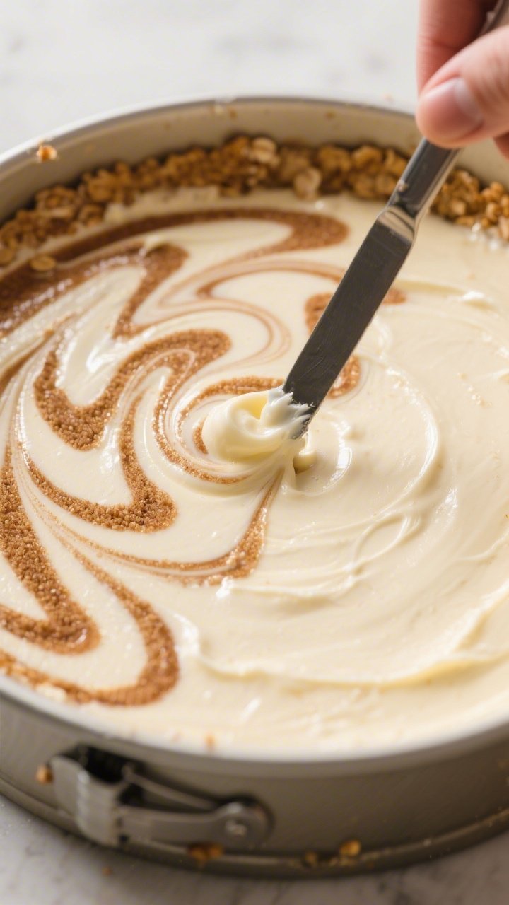 Close-up process shot of the cheesecake just after the first swirl step: half the batter in the spri