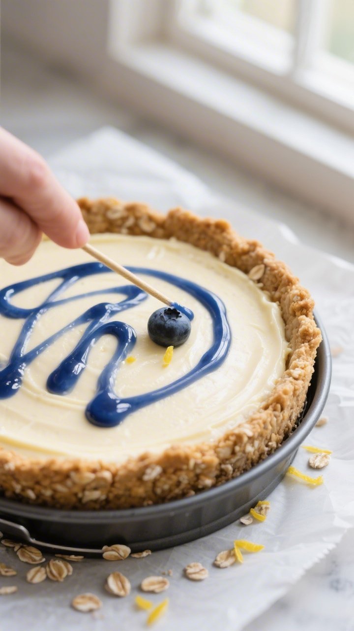 Close-up process shot: Par-baked oat–almond crust in an 8–9 inch springform pan, lightly golden 