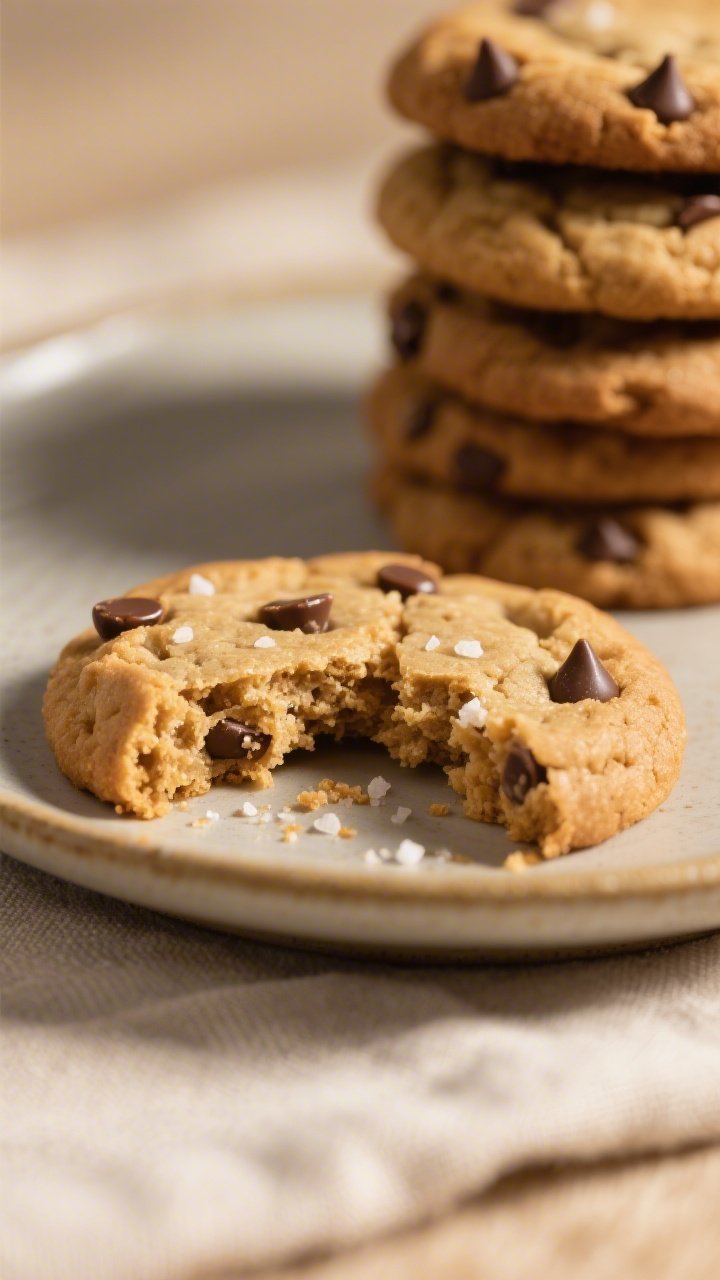 Close-up side-angle detail of a single flourless peanut butter protein cookie broken in half to show