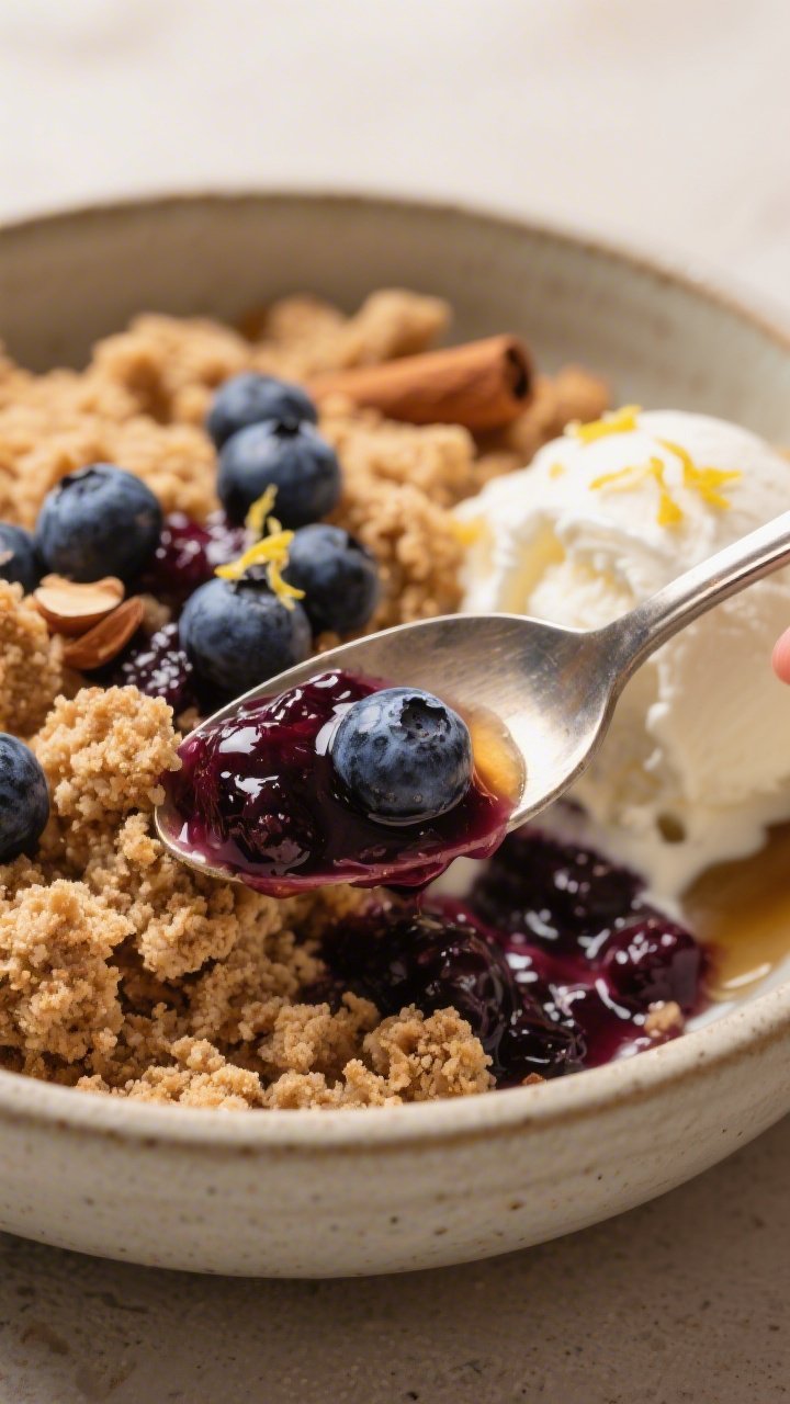 Close-up, spoon-in action shot of a warm serving of Blueberry Protein Crumble just scooped into a sh