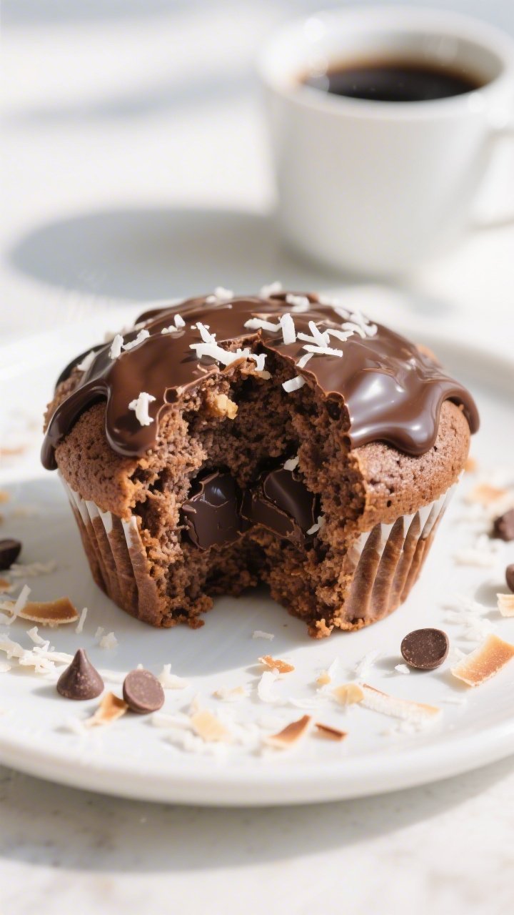 Close-up, three-quarter angle of a plated final presentation: one Keto Chocolate Coconut Muffin spli