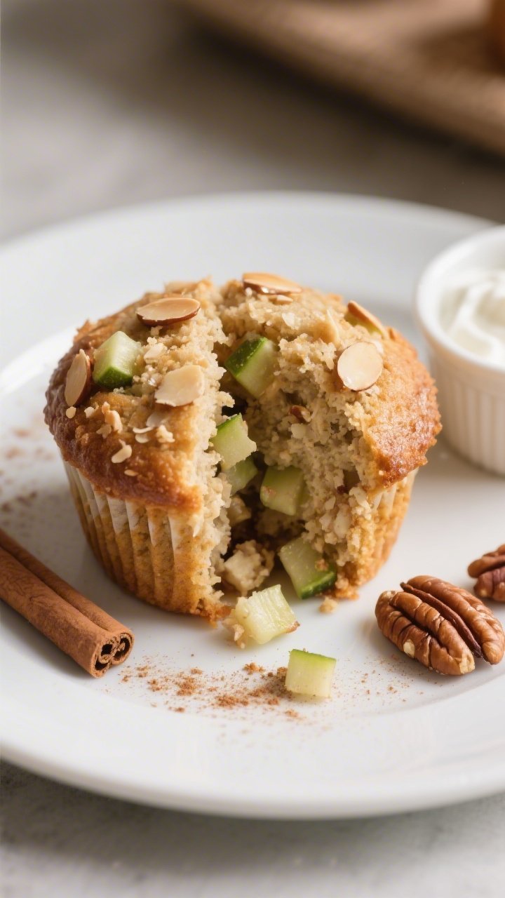 Close-up, three-quarter angle of a plated Keto Apple Spice Muffin sliced in half to reveal the soft 