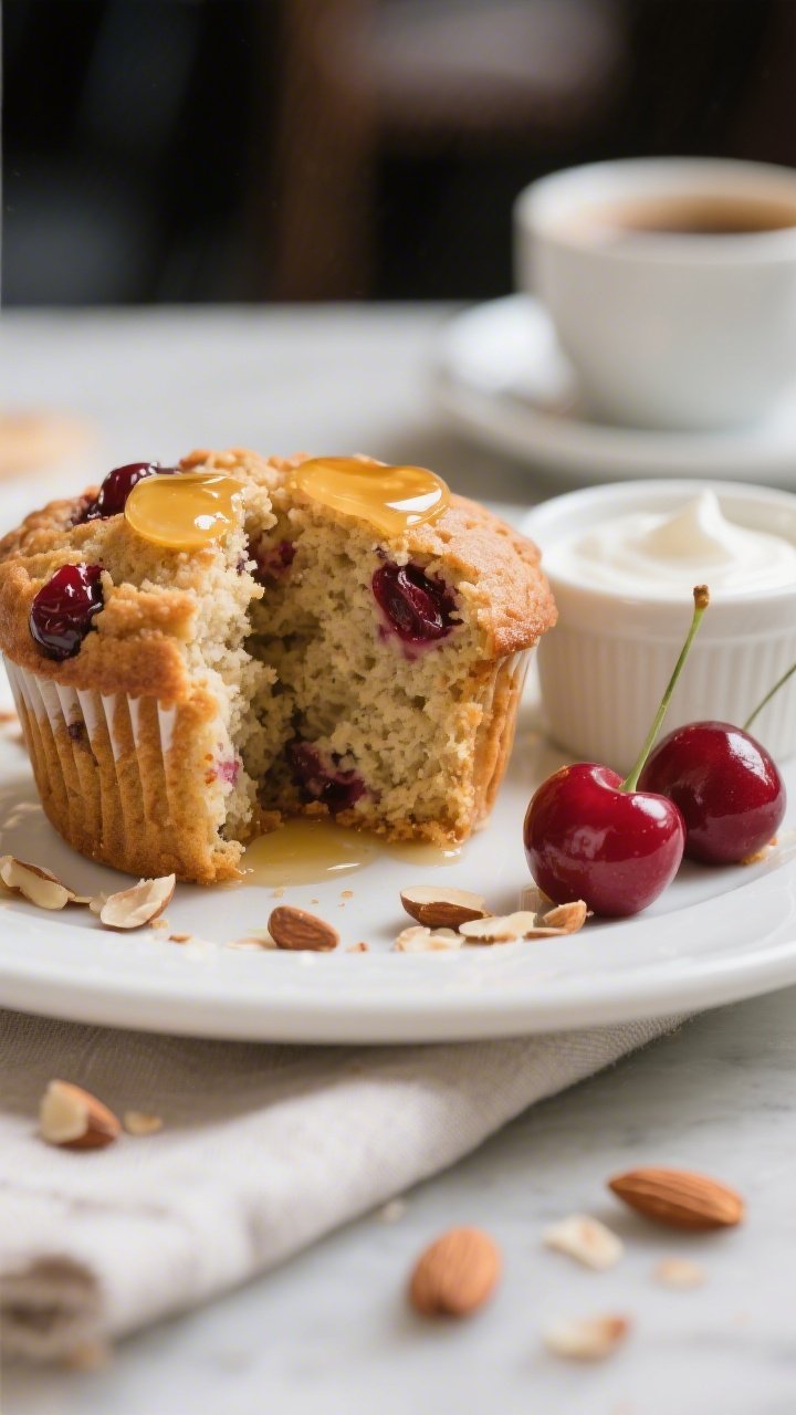 Close-up, three-quarter angle of a plated Keto Cherry Almond Muffin sliced in half and lightly warme