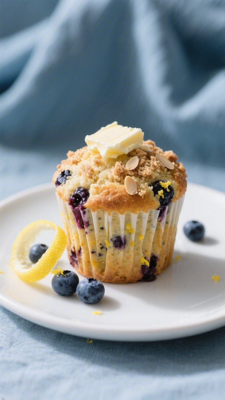 Close-up, three-quarter angle of a plated Lemon Blueberry variation muffin on a matte white plate: t