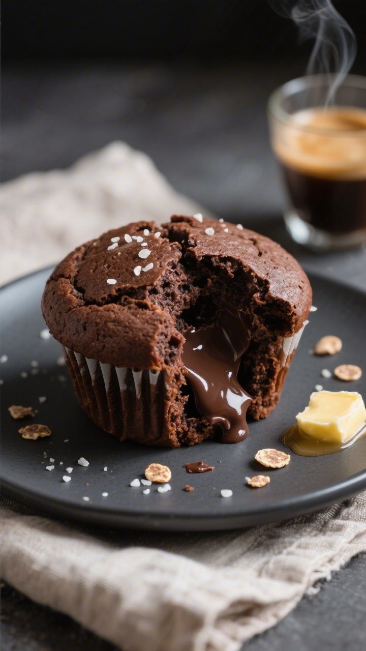 Close-up, three-quarter angle of a single Keto Double Chocolate Muffin split open on a matte charcoa