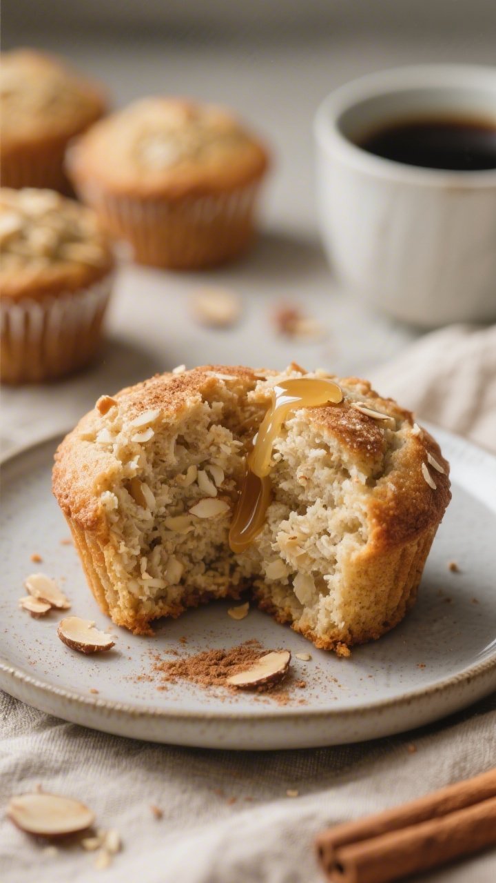 Close-up, three-quarter angle of a split-open Keto Snickerdoodle Muffin on a matte ceramic plate, sh