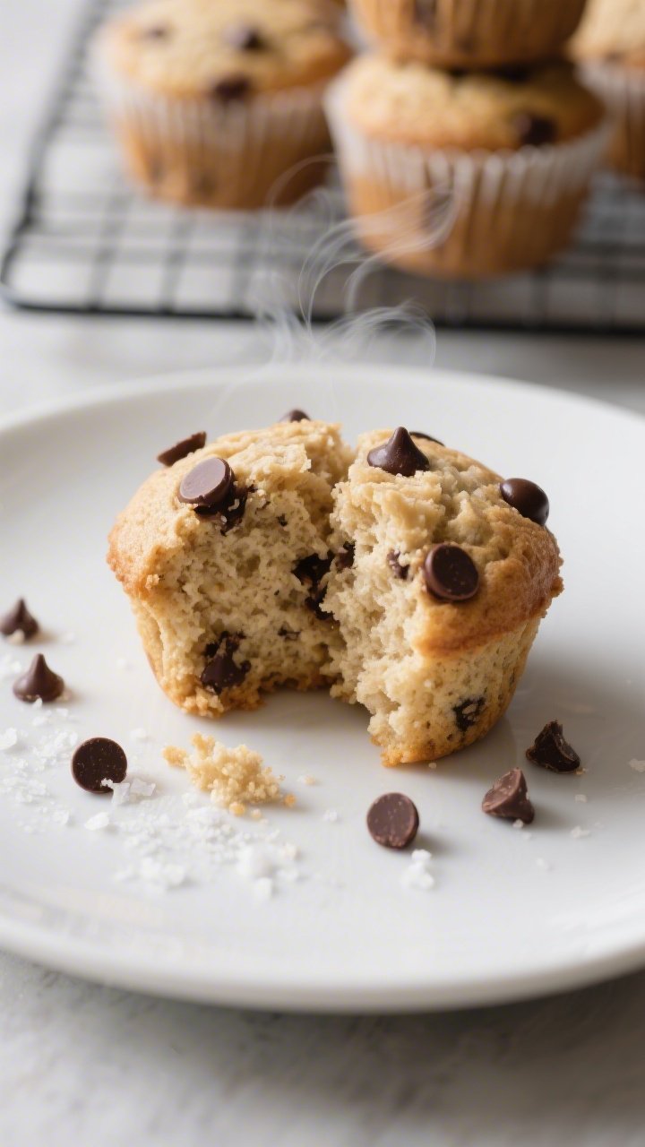 Close-up, three-quarter angle of a split-open keto vanilla chocolate chip muffin on a matte white pl