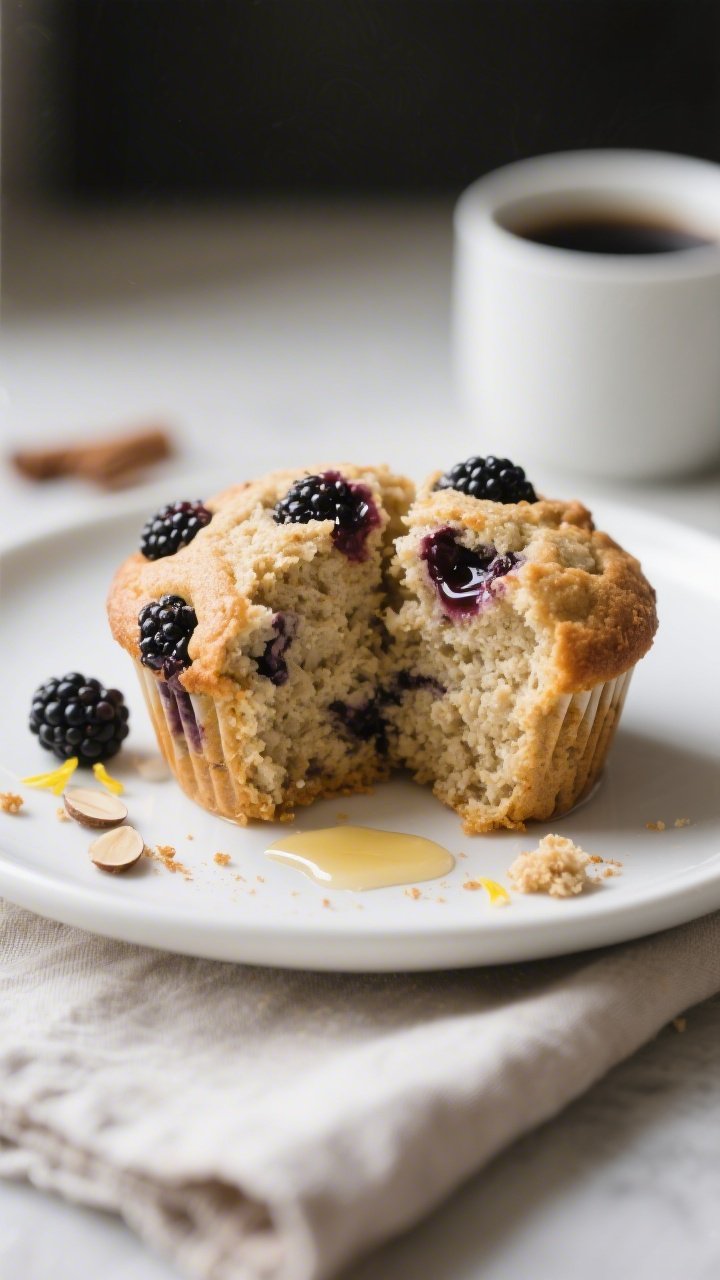 Close-up, three-quarter angle of a split-open keto blackberry muffin on a matte white plate, reveali