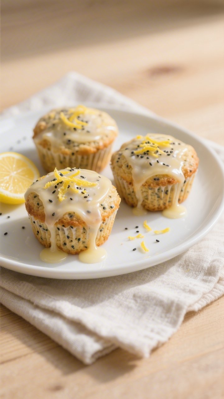 Close-up, three-quarter angle of final plated keto lemon poppy seed muffins on a simple white cerami