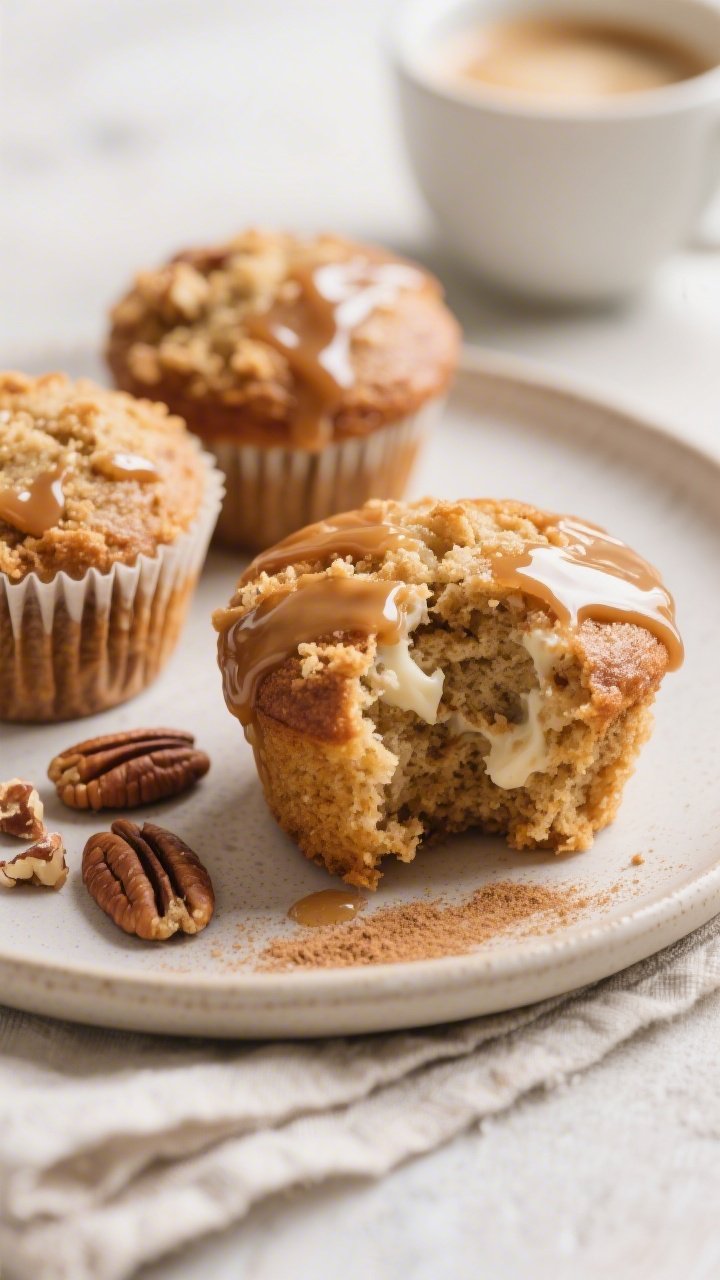 Close-up three-quarter angle of finished Keto Maple Muffins on a neutral ceramic plate, glossy sugar