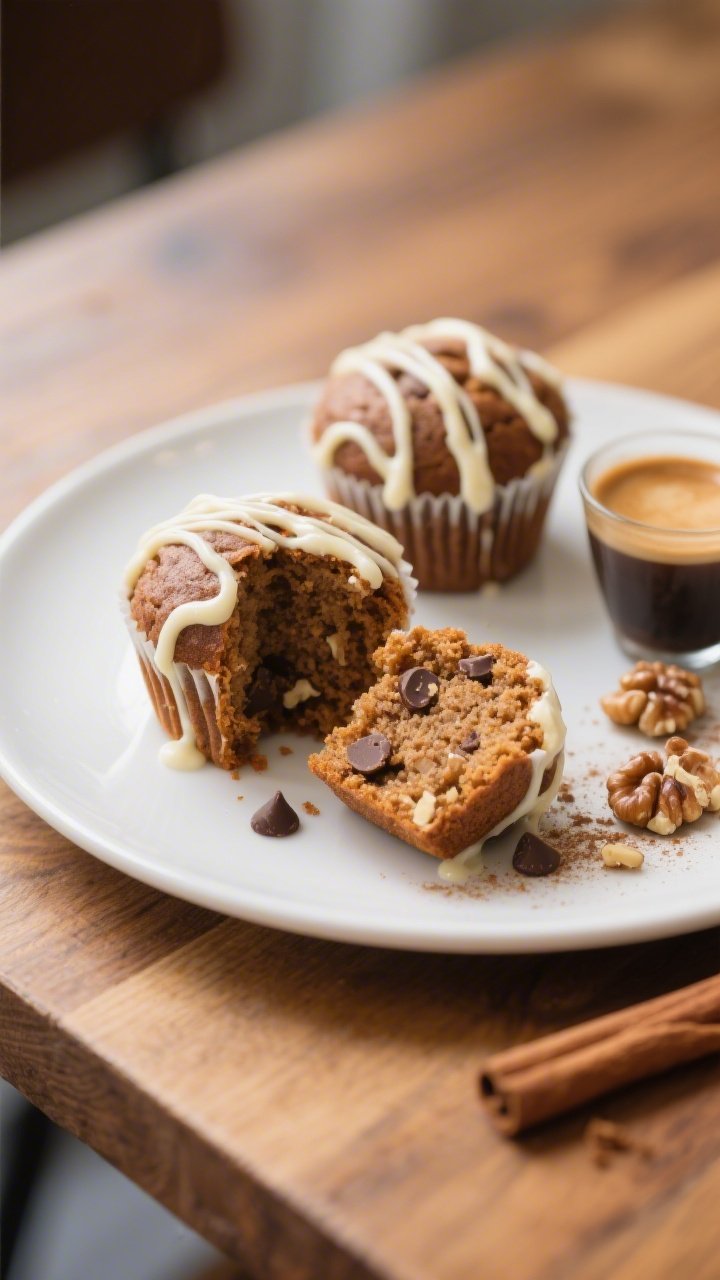 Close-up three-quarter angle of plated Keto Gingerbread Muffins drizzled with thin cream cheese glaz