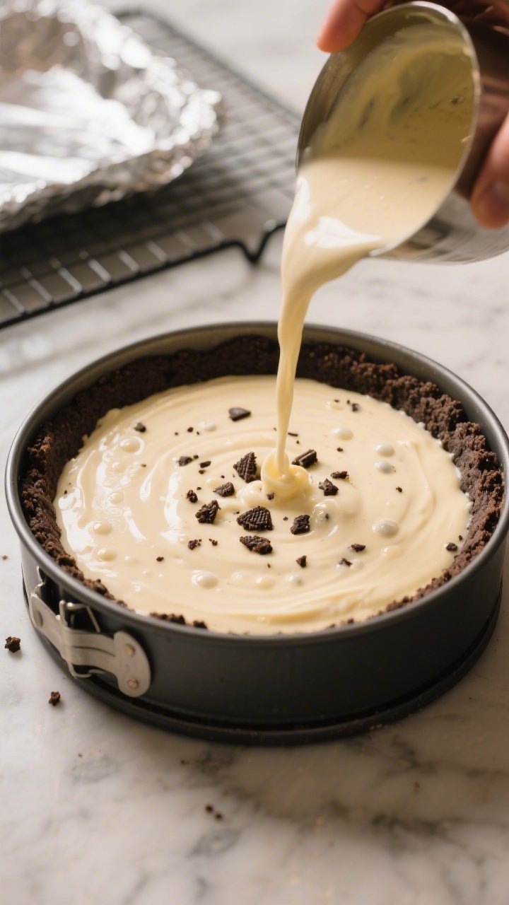 Close-up, three-quarter angle process moment showing the filling being poured over the prebaked cook