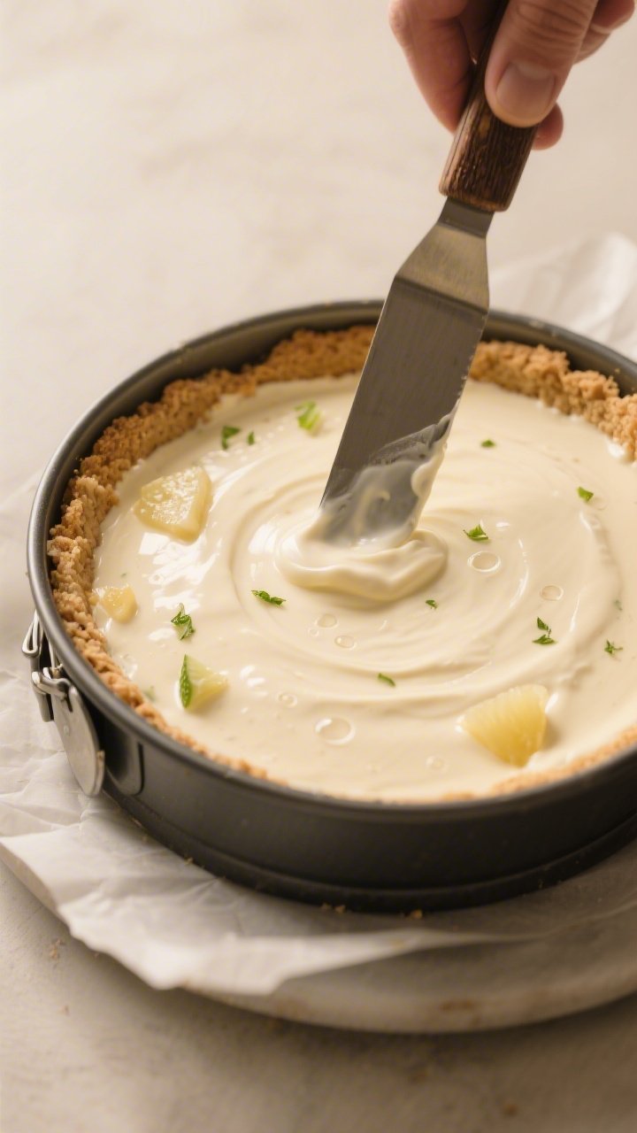Cooking process close-up: A 9-inch springform pan with a thin, lightly golden coconut-graham crust j