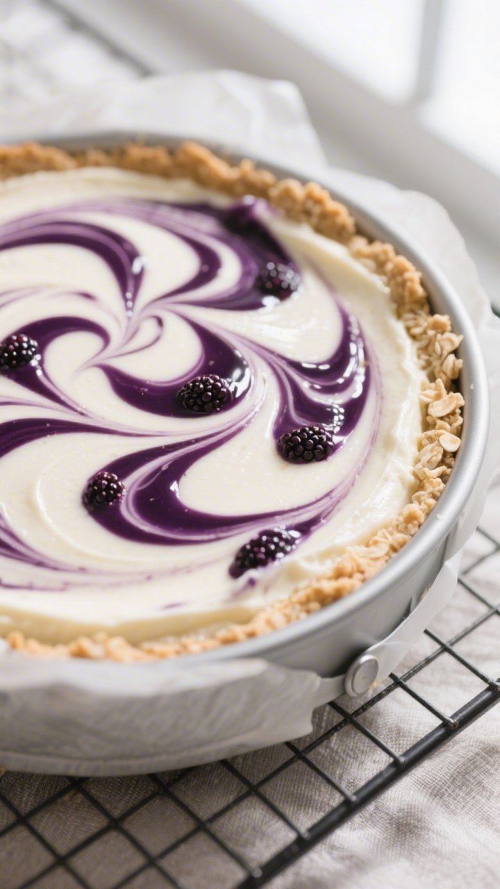 Cooking process close-up: A freshly swirled low-calorie blackberry cheesecake just before baking, ti