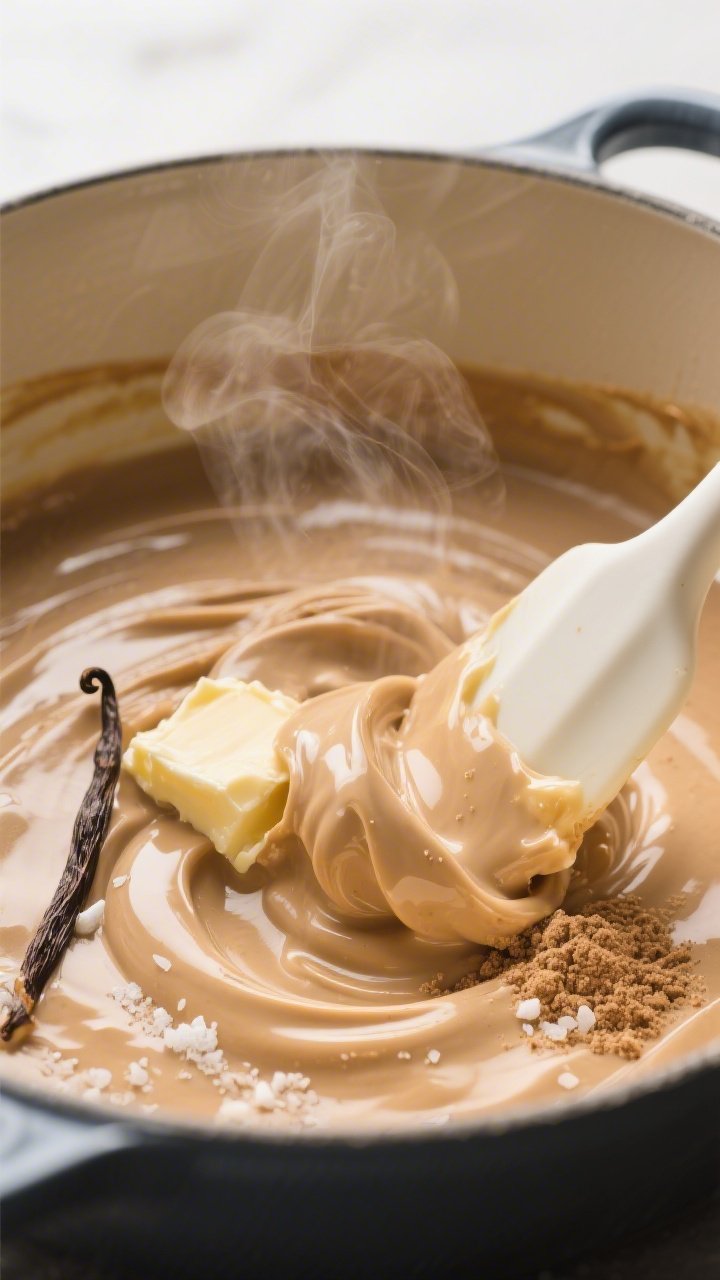 Cooking process close-up: A glossy, just-melted marshmallow, butter, and nut butter mixture being fo