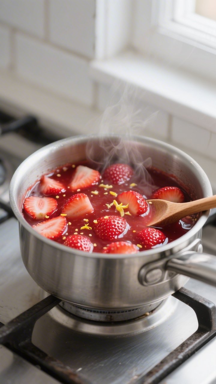 Cooking process close-up: A small stainless pot on a stovetop with glossy, jammy strawberry sauce si