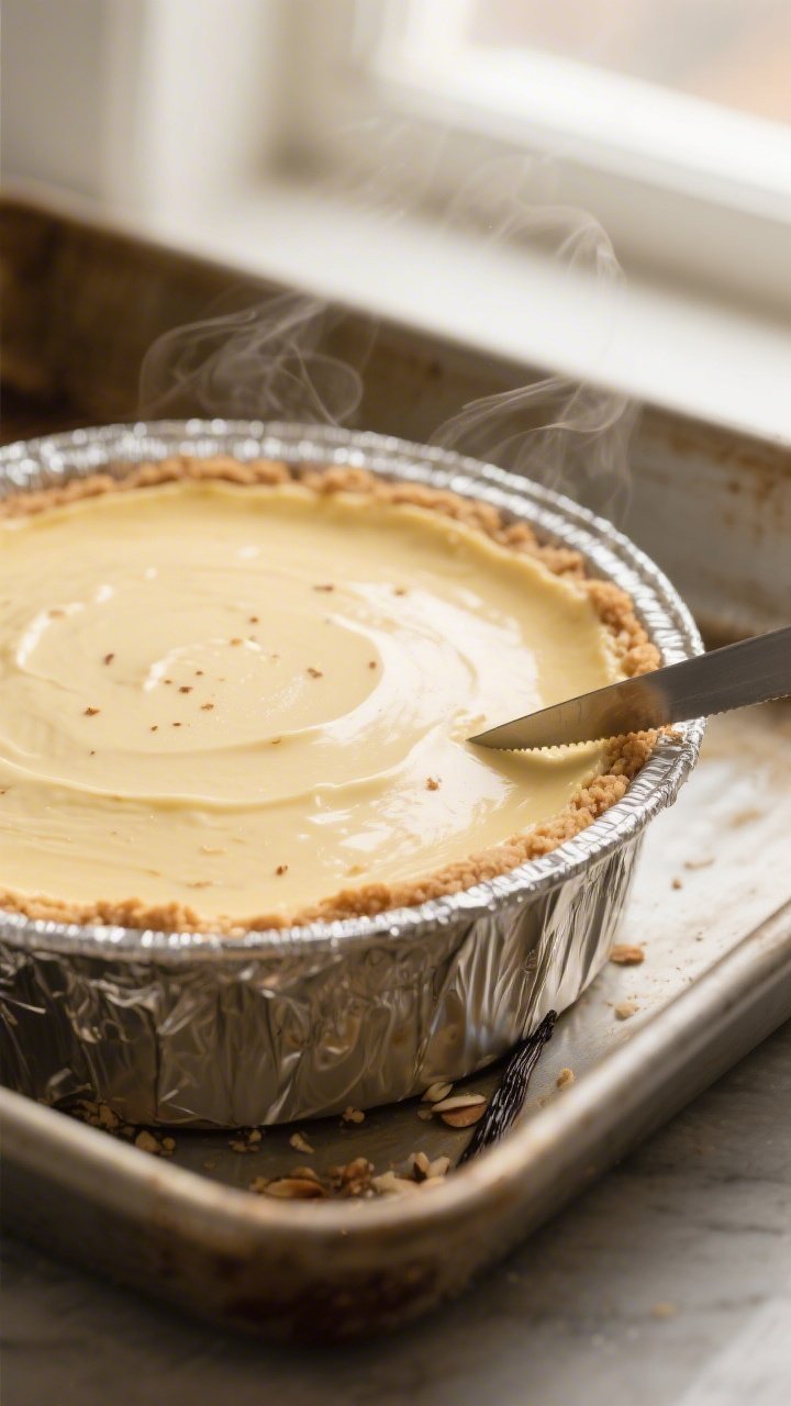 Cooking process close-up: A vanilla bean cheesecake just baked in a foil-wrapped springform pan rest