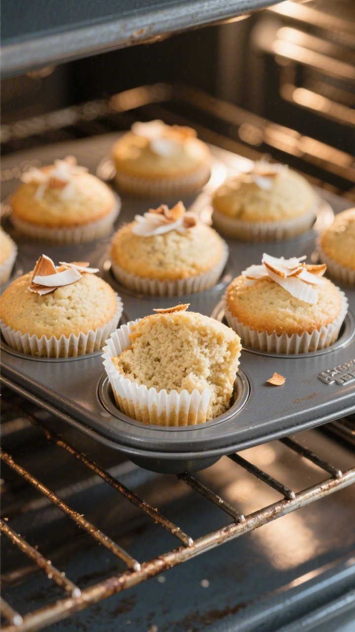 Cooking process, close-up detail: A muffin tin on the center oven rack just after baking, 12 keto co