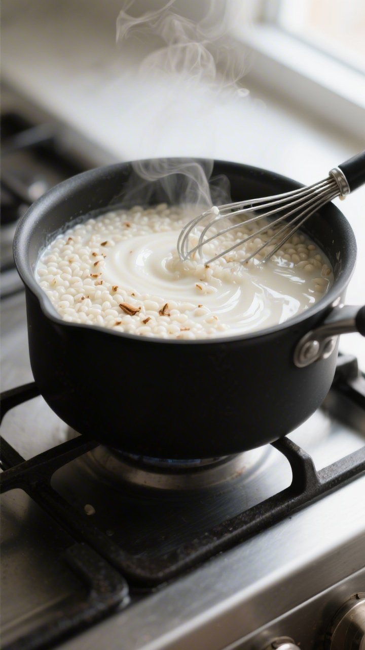 Cooking process, close-up detail: Silky vanilla rice pudding mid-simmer in a matte black saucepan, s