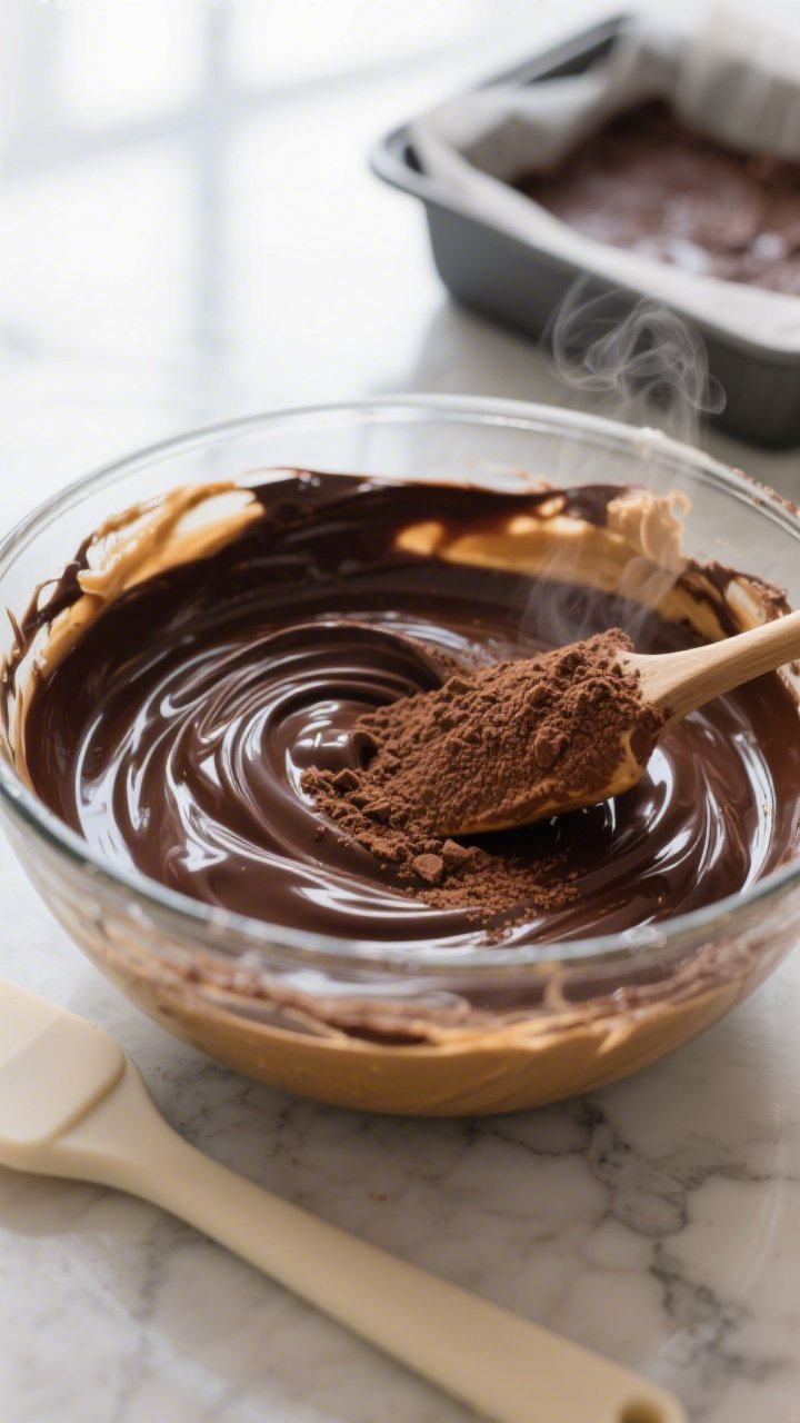 Cooking process close-up: Melted dark chocolate being stirred together with creamy peanut butter in