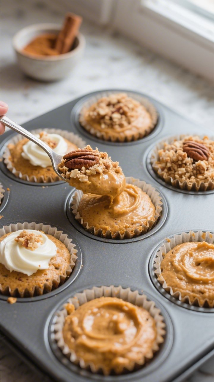 Cooking process: Close-up of a muffin tin filled with thick, spooned batter for keto pumpkin spice m