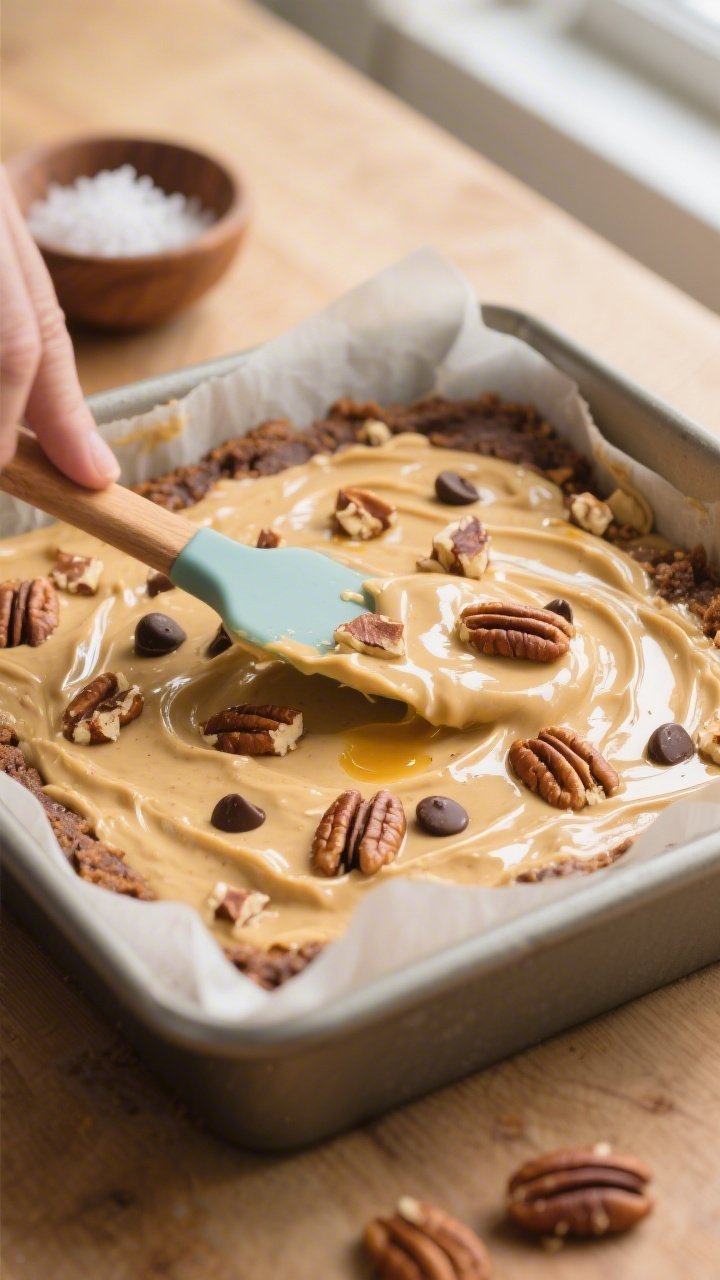 Cooking process close-up: Thick, glossy blondie batter being spread into a parchment-lined 8x8-inch 