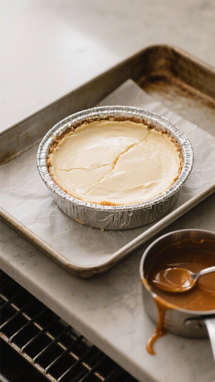 Cooking process, overhead shot: The just-baked protein cheesecake in a 9-inch springform pan resting